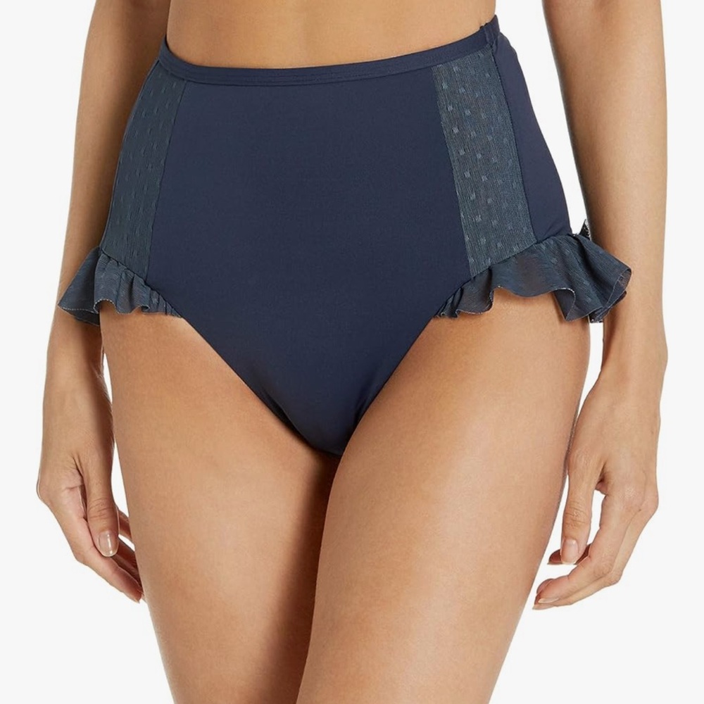 NWOT Avec Les Filles Navy Lace Ruffle High Waisted Bikini Bottom with Mesh Sides